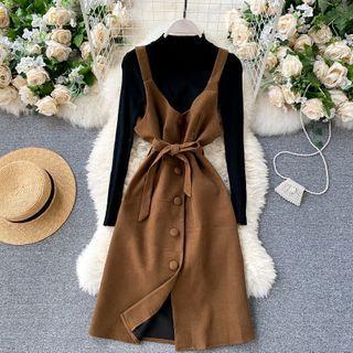 Set: Plain Long-sleeve Knit Top + Jumper Dress