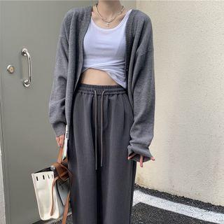 V-neck Cardigan / Drawstring Wide Leg Pants