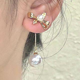 Bow Faux Pearl Alloy Dangle Earring 1 Pair - 2607a - Gold - One Size
