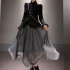 Ruffle Trim Blouse / Irregular Hem Midi A-line Skirt