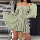 Polka Dots Flared-cuffs Lace-up Dress