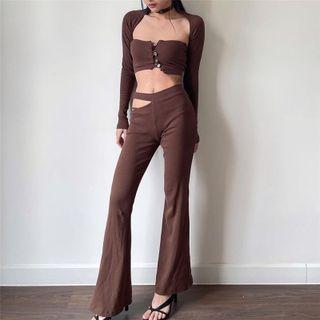Set: Cut-out Boot-cut Pants + Long-sleeve Crop Top