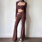 Set: Cut-out Boot-cut Pants + Long-sleeve Crop Top