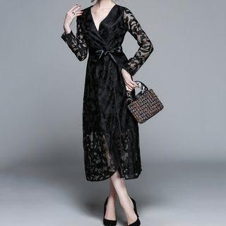 Lace Tie-waist Long-sleeve Midi A-line Dress