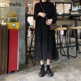 Long-sleeve Dotted Pleated Midi Dress Black - One Size