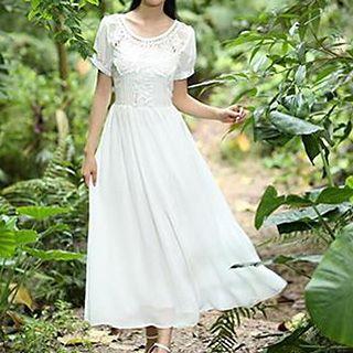 Lace Panel Chiffon Short-sleeve Maxi Dress