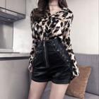 Leopard Print Shirt / High Waist Faux Leather Shorts