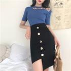Short-sleeve Lace-up Knit Top / Asymmetrical Pencil Skirt