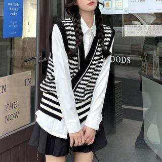 Long-sleeve Plain Shirt / Striped Sweater Vest