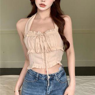 Sleeveless Frilled Cropped Halter Top Almond - One Size