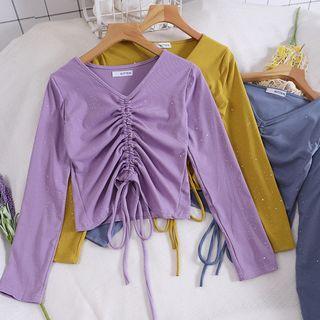 Sequined Drawstring Long-sleeve Cropped T-shirt