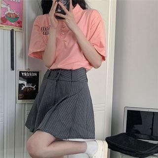 Short-sleeve Polo Shirt / Pinstriped Mini A-line Skirt