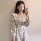 Long-sleeve Floral A-line Dress Almond - One Size