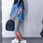 Set: Frayed Knit Panel Denim Jacket + Midi Skirt