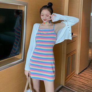 Long-sleeve Cardigan / Spaghetti-strap Striped Dress