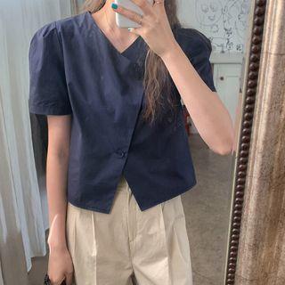 V-neck Puff-sleeve Asymmetrical Cropped Shirt