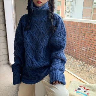 Plain Turtle-neck Long-sleeve Cable-knit Sweater