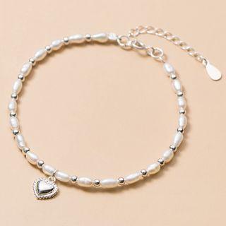 925 Sterling Silver Heart Faux Pearl Bracelet S925 Silver - As Shown In Figure - One Size