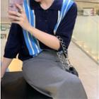 Elbow-sleeve Striped Knit Polo Shirt / Asymmetrical Skirt