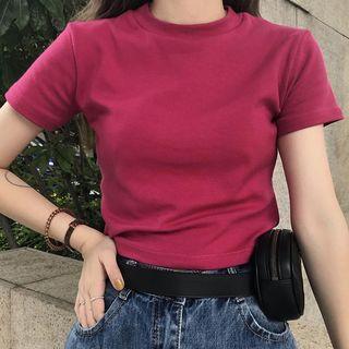 Short-sleeve Plain T-shirt Rose Pink - One Size