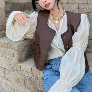 Faux Leather Vest / Puff-sleeve Plain Blouse