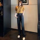 Pocket Detail Cropped Short-sleeve Denim Shirt / High-waist Wide-leg Pants / Set
