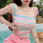 Short-sleeve Striped T-shirt Pink & Blue & Yellow - One Size