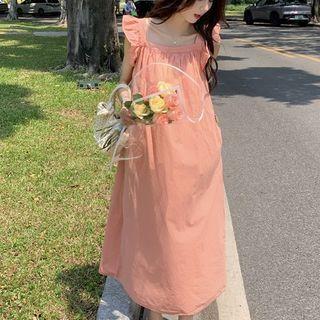 Sleeveless Ruffle Trim Midi A-line Dress Orange - One Size