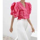 Puff-sleeve Pleated-trim Cropped Blouse