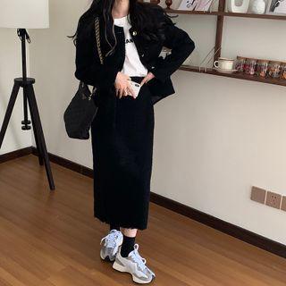 Plain Pocket-detail Long-sleeve Jacket / High-waist Frayed Midi Skirt