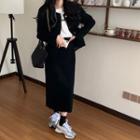 Plain Pocket-detail Long-sleeve Jacket / High-waist Frayed Midi Skirt