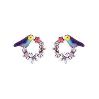 Fashion And Elegant Plated Gold Enamel Purple Bird Flower Cubic Zirconia Stud Earrings Golden - One Size