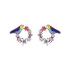 Fashion And Elegant Plated Gold Enamel Purple Bird Flower Cubic Zirconia Stud Earrings Golden - One Size