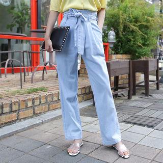 Wide-leg Straight-cut Jeans With Sash