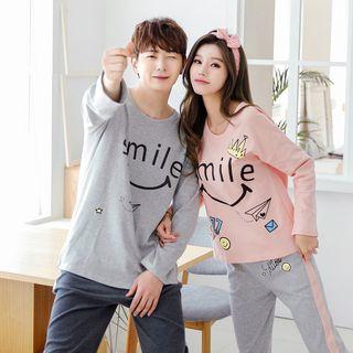 Couple Matching Loungewear Set: Long Sleeve Printed T-shirt + Plain Pants