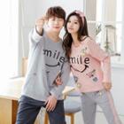 Couple Matching Loungewear Set: Long Sleeve Printed T-shirt + Plain Pants