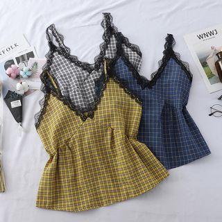Spaghetti Strap Lace-trim Plaid Top