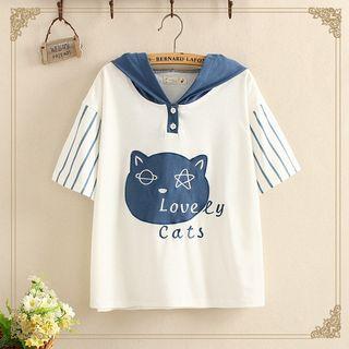 Cat Applique Striped Panel Short Sleeve Hoodie