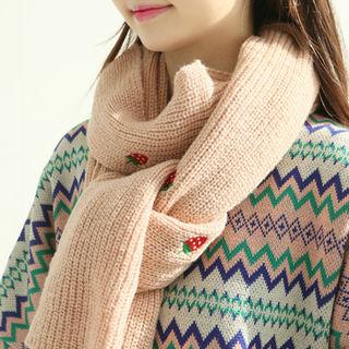 Strawberry Embroidery Knit Scarf Pink - One Size