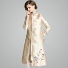 Long 3/4-sleeve Floral Embroidered Frog-button Coat