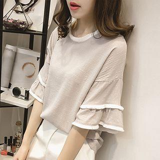 Contrast Trim Elbow-sleeve Top