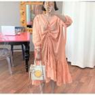 Long-sleeve Drawstring Plaid Midi A-line Dress Tangerine - One Size