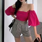 Puff-sleeve Off Shoulder Blouse / Houndstooth Shorts