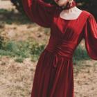 Balloon-sleeve Lace-up Midi A-line Dress