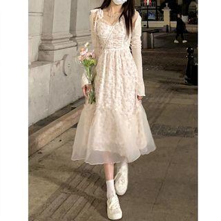 Long-sleeve Sheer Overlay A-line Dress / Cardigan