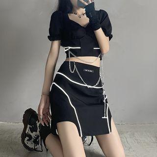 Puff-sleeve Crop Top / Mini Pencil Skirt / Set