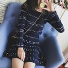 Set: Dotted Long-sleeve Knit Top + Knitted A-line Skirt