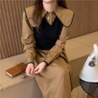 Long-sleeve Collared Mock Two-piece Midi A-line Dress