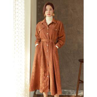 Belted Flare Corduroy Long Shirtdress