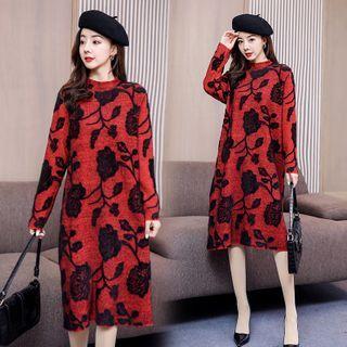 Long-sleeve Mock-neck Flower Print Midi A-line Dress